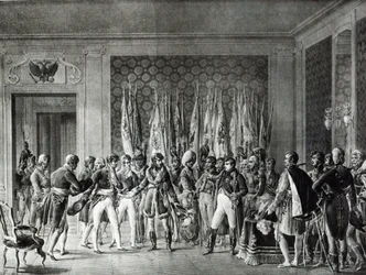 Napoleon übergibt die in Austerlitz 1805 gewonnenen Fahnen an die Bürgermeister von Paris, die ihn in Schönbrunn besuchen